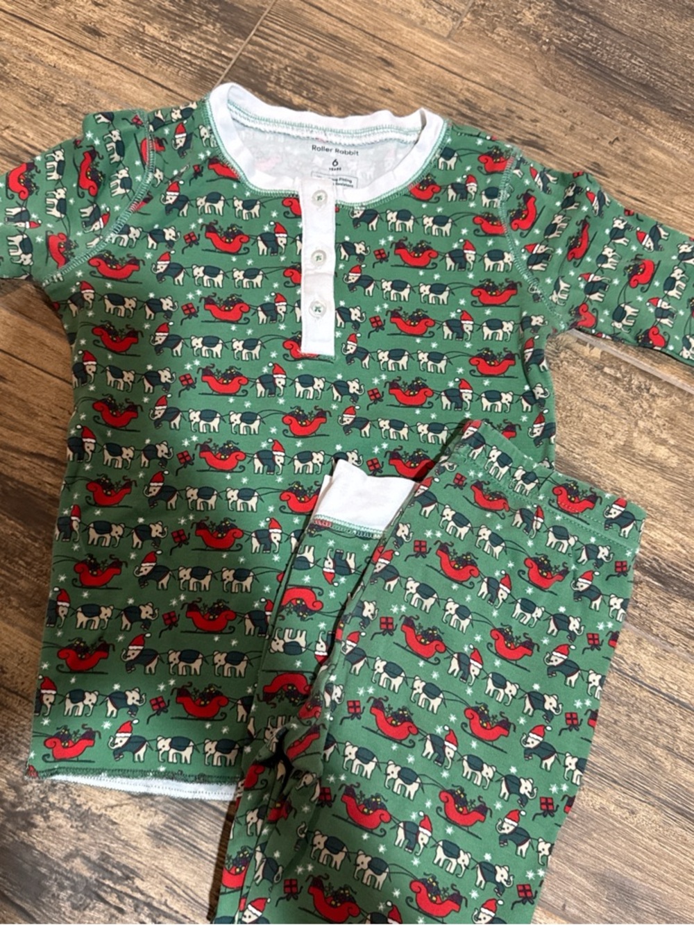Roller Rabbit Kids Green Holiday elephant  Print Pajama Set